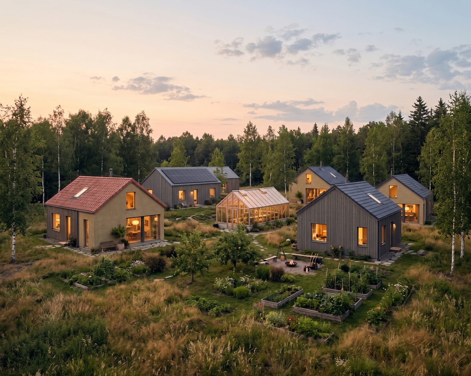 Aerial view of a Scandinavian eco-village in nature